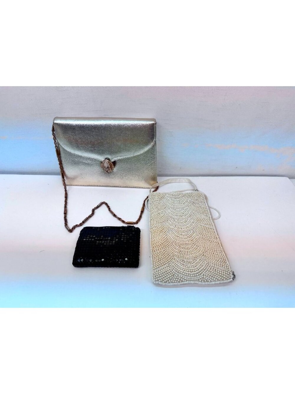 2 Evening Purses White Pearls -Gold clutch